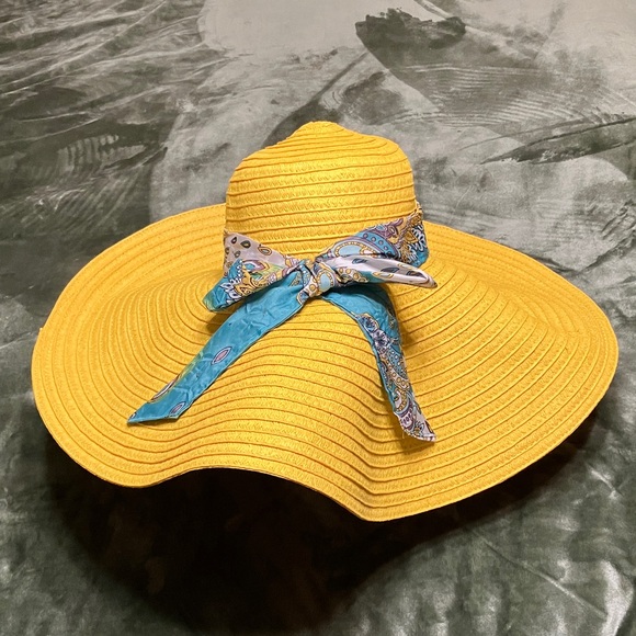 sun rayz Accessories - Wide-Brim Yellow Sun Hat with Blue Paisley Scarf Accent